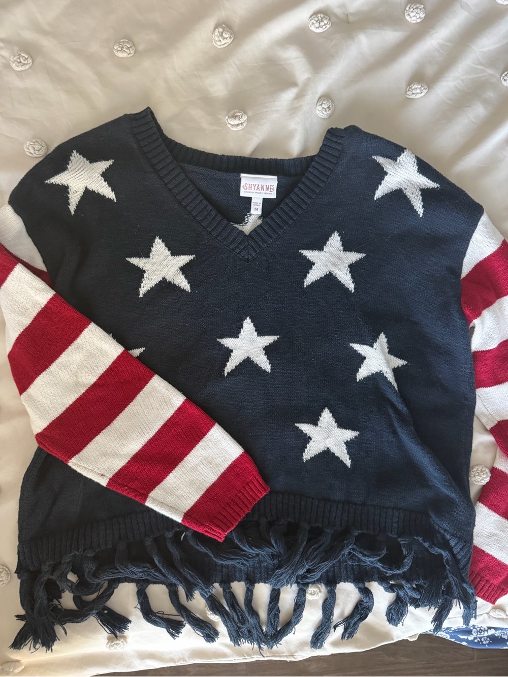 Boot Barn Navy, White & Red Star-Stripe Fringe V-Neck Sweater